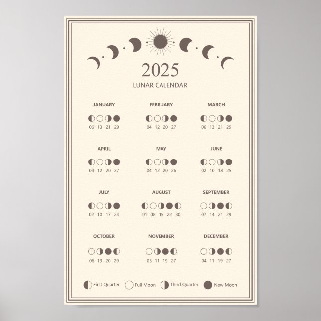 Poster Calendário Minimalista de Fases Lunares de 2025 (Frente)