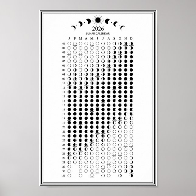 Poster Calendário Minimalista de Fases Lunares de 2026 (Frente)