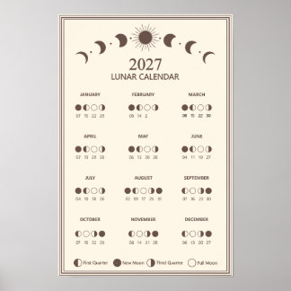 Poster Calendário Minimalista de Fases Lunares de 2027