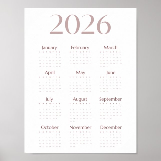 Poster Calendário Minimalista de Uma Folha de 2026 Modern (Frente)