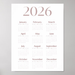 Poster Calendário Minimalista de Uma Folha Moderno 2026