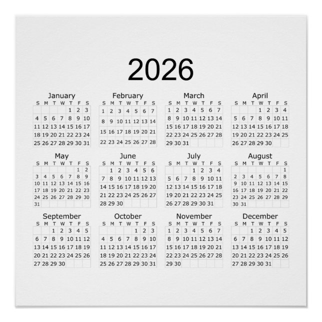 Póster Calendário Minimalista Simples 2026 (Frente)