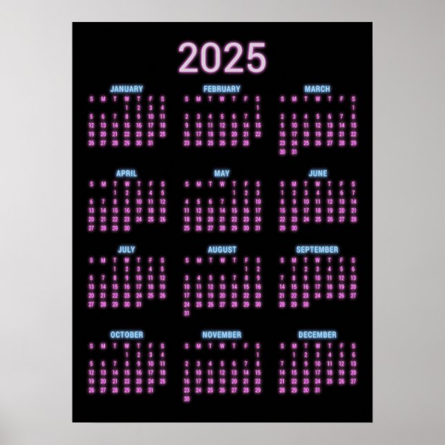 Poster Calendário Neon 2025  (Frente)