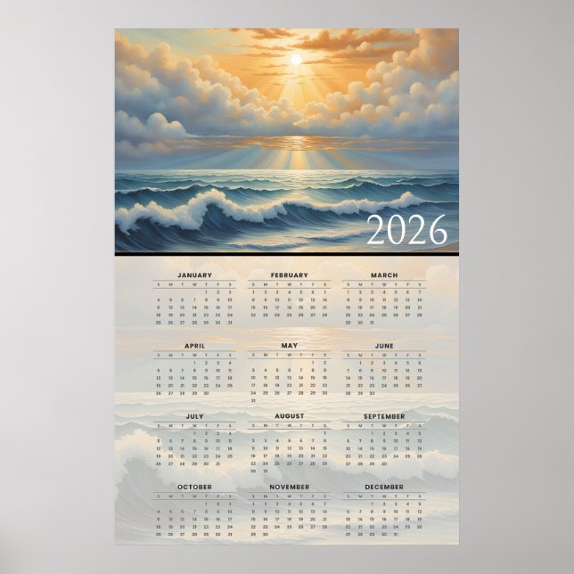 Poster Calendário Oceano Ensolarado Horizonte 2026 (Frente)