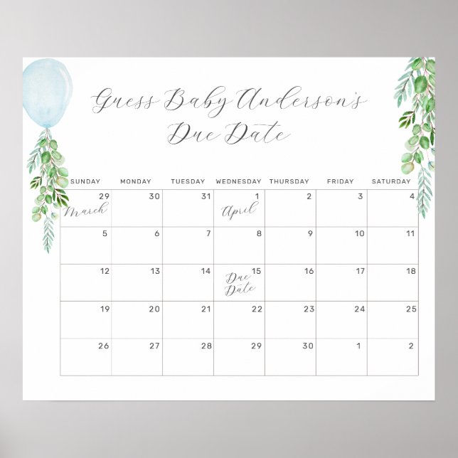 Poster Calendário P de Balão Eucalipto Adivinhe a Data de (Frente)