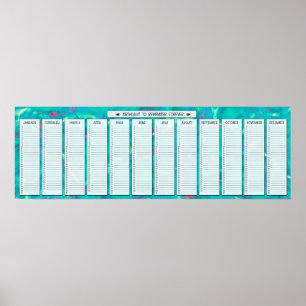 Póster Calendário Perpétuo de Aniversário Abstrato Aqua