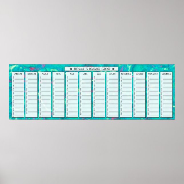 Póster Calendário Perpétuo de Aniversário Abstrato Aqua (Frente)