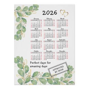 Póster Calendário Personalizado 2026 com Eucalipto Elegan