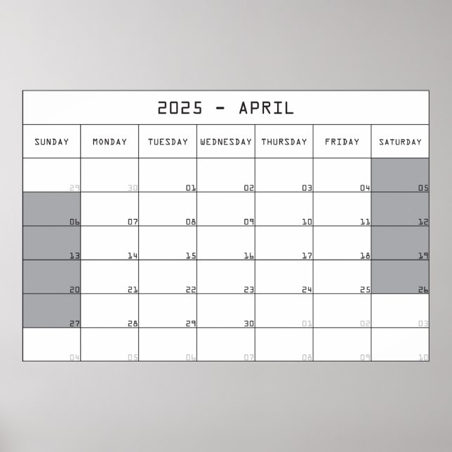 Poster calendário planejador abril 2025 grande espaço par (Frente)