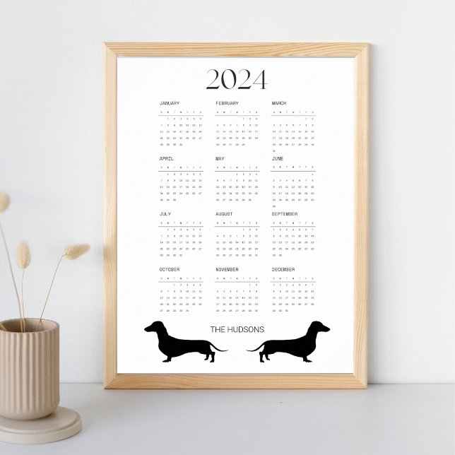 Poster Calendário Preto e Branco do Dachshund 2024 (Criador carregado)