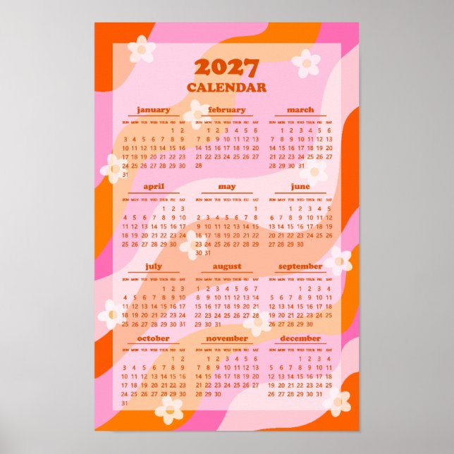Poster Calendário Retro Groovy Wave 70s Estilo Hippie 202 (Frente)