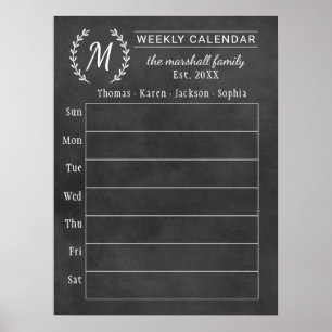 Poster Calendário Semanal de Monograma Familiar Chalkboar