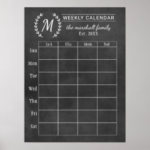 Póster Calendário Semanal de Monograma Familiar Chalkboar