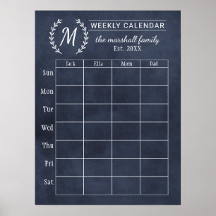 Póster Calendário Semanal de Monograma Familiar Navy Chal