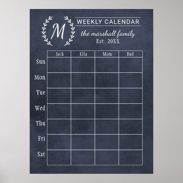 Póster Calendário Semanal de Monograma Familiar Navy Chal (Frente)