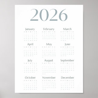 Poster Calendário Simples Azul-Cinza Moderno 2026 de Uma