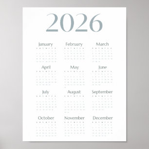 Poster Calendário Simples Azul-Cinza Moderno 2026 em Uma 