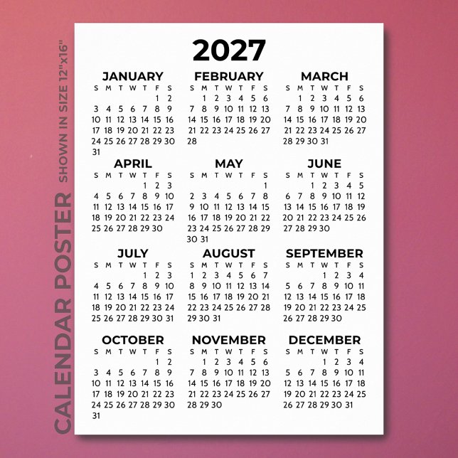 Poster Calendário Simples Básico Preto e Branco 2027 (Criador carregado)