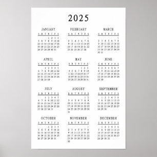 Poster Calendário Simples Básico Preto e Branco Clássico