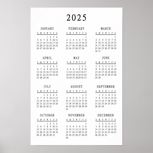 Poster Calendário Simples Básico Preto e Branco Clássico  (Frente)