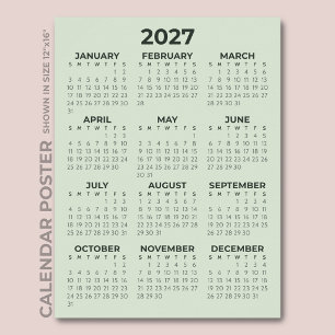 Poster Calendário Simples Básico Verde Salvia 2027
