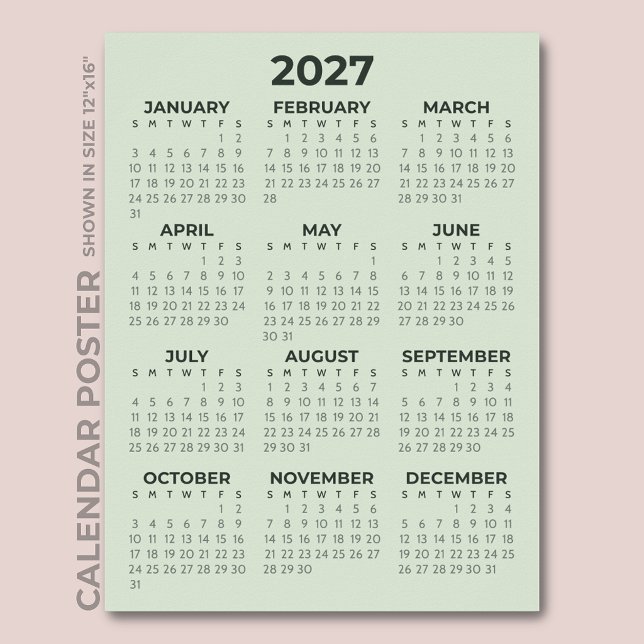 Poster Calendário Simples Básico Verde Salvia 2027 (Criador carregado)