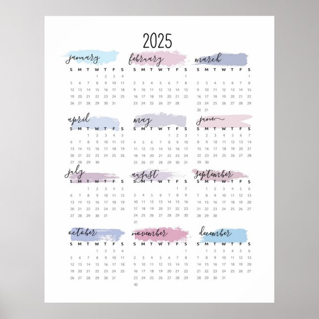 Poster Calendário Simples de Pastel 2025 (Frente)