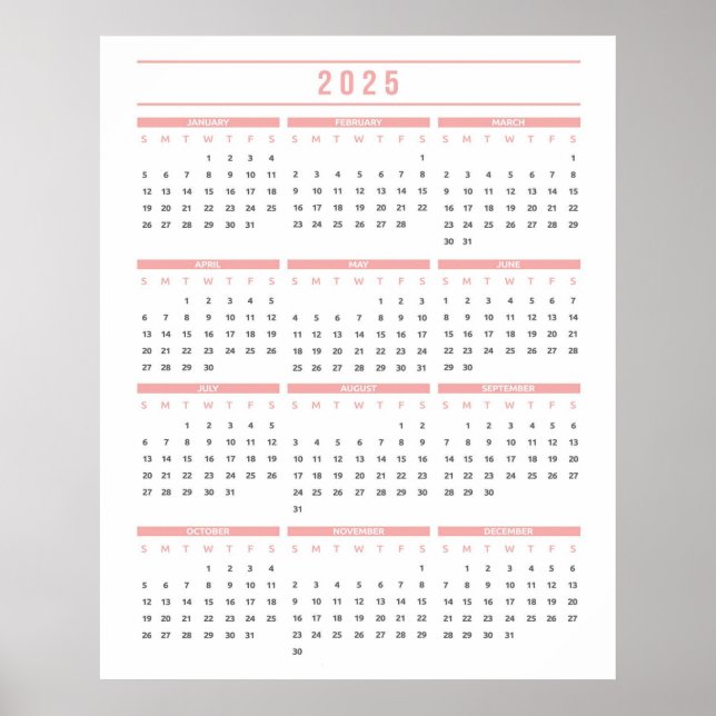 Poster Calendário Simples Rosa 2025 (Frente)