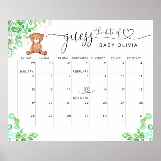 Poster Calendário Urso Cartaz Adivinhe a Data Provável (Frente)