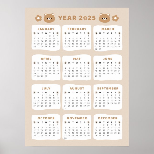 Poster Calendário Urso Fofo 2025 (Frente)
