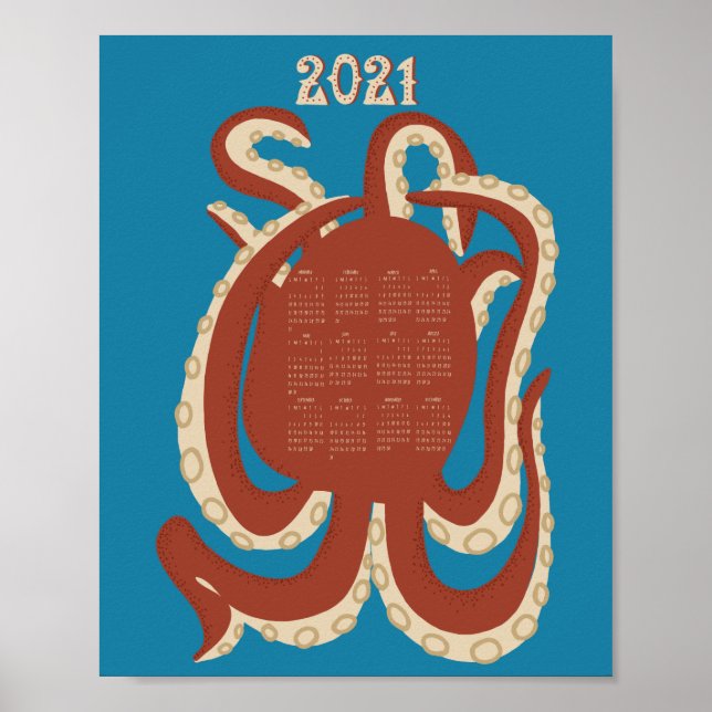 Poster Calendário Vermelho e Azul de Octopus 2021 (Frente)