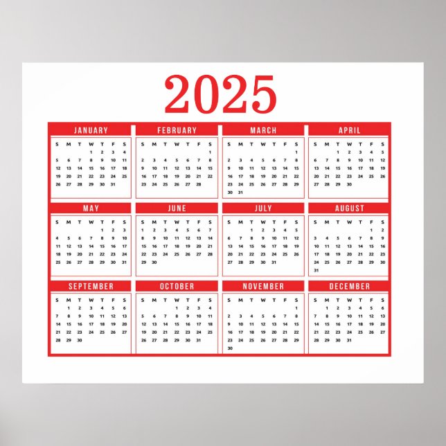 Poster Calendário Vermelho Simples 2025 (Frente)