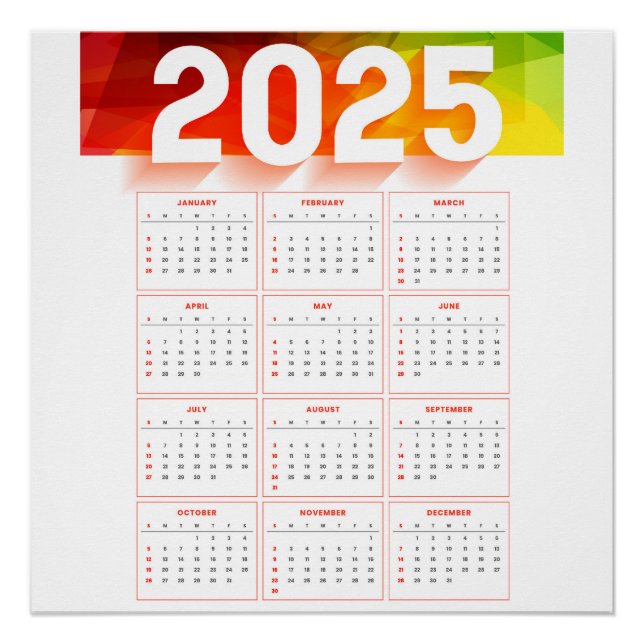 Póster Calendário Vertical Mínimo Anual do cheio 2025 (Frente)
