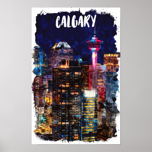 Poster Calgary Alberta Skyline Por Noite (Frente)