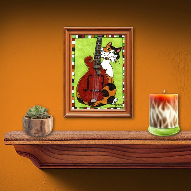 Póster Calico Cat com Mandolin Mini Folk Art (Criador carregado)