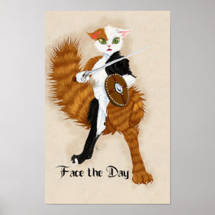 Poster Calico Cat Warrior Grimalkin com Espada e Escudo