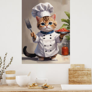 Poster Calico Kitten Chef com Fork Cute Baking