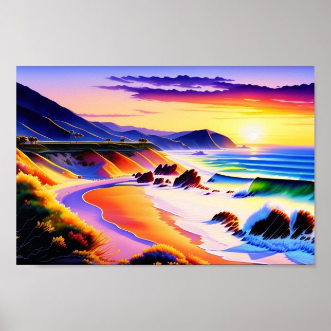Poster California Coastline Sunset Watercolor (Frente)