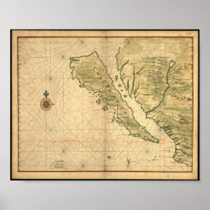 Poster Califórnia como mapa das ilhas dos anos 1600.