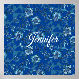 Poster Caligrafia Azul Floral Nome Personalizado Elegante