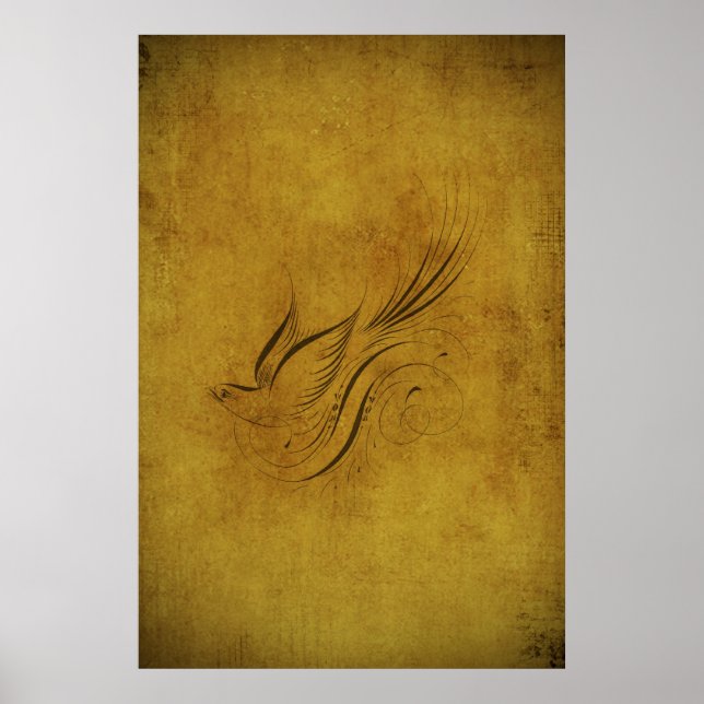 Poster Caligrafia de Pássaro Vintage em Dourado (Frente)