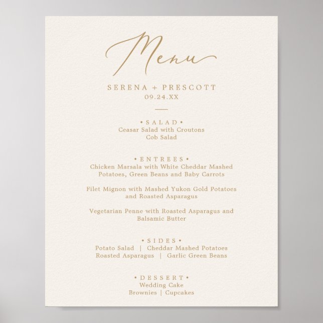 Poster Caligrafia Dourada Delicada | Cream Wedding Menu (Frente)
