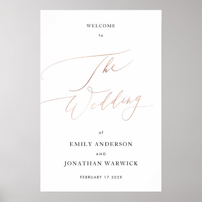 Poster Caligrafia Dourada Rosa Branca Casamento Simples (Frente)