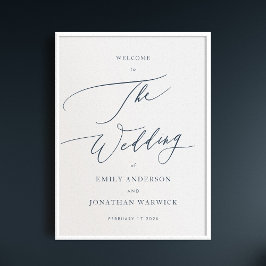 Poster Caligrafia Simples Marinho Casamento Azul Boas-vin