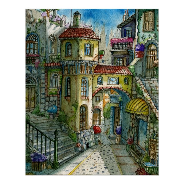 Póster Callejón de Cuento de Hadas en Acuarela  (Frente)