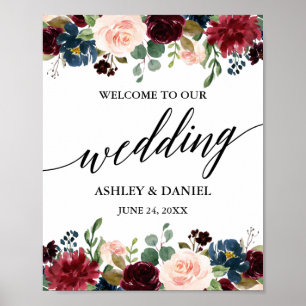 Poster Calliografia Burgundy Blue Floral Weding Bem-vindo