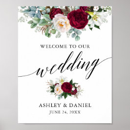 Poster Calliografia Burgundy Floral Weding Bem-vindo