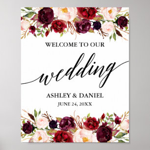 Poster Calliografia Floral Burgundy Wedding