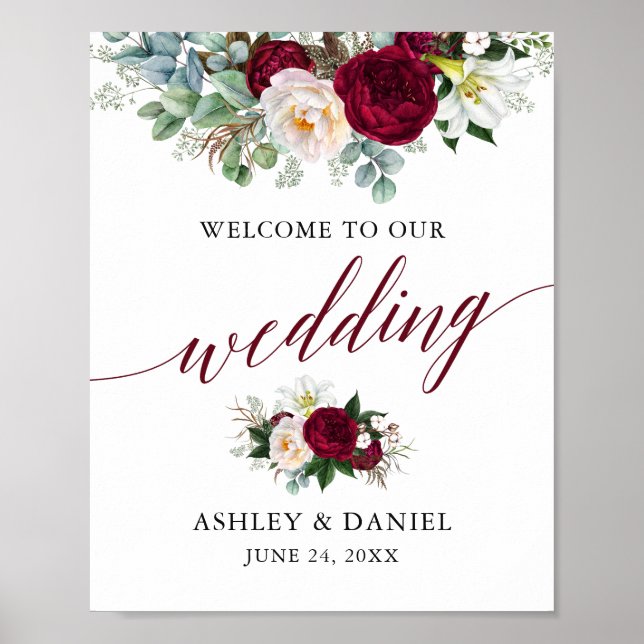 Poster Calliografia Floral Burgundy Wedding (Frente)