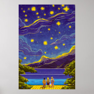 Poster Calm Nightscape Sky, Stars, Retro Painting